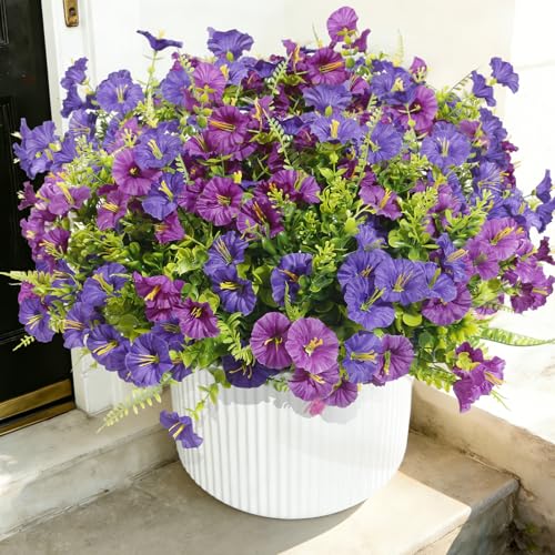 Artificial Morning Glory UV Resistant 36 pcs Purple Spring Artificial Flowers Outdoors, Realistic Faux Silk Morning Glory Fake Morning Glory Plants for Garden Porch Planters Window Wedding Decor - color: Purple＆ Fuchsia（with Green Ferns）, size: 36 pcs