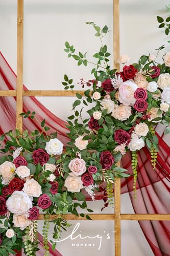 Ling's moment 9FT Spring Flower Garland - Wedding Arch Flowers, Eucalyptus & Rose, Artificial Floral Garland for Mantle - Sweetheart Table Decor for Reception, Backdrop Decorations, Marsala - color: Red-marsala