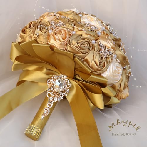 Handmade Wedding Flowers Bouquet Round Holding Bridal Bouquet Artificial Satin Roses Bunch for Bride Bridesmaid Wedding Quinceanera - color: Gold, Light Gold & Cream, size: Large (Dia. 9.8"/25cm)