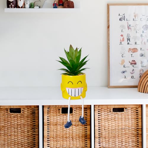 Fake Plants Small Potted Succulents with Yellow Pot, Creative Artificial Succulent Plants in Hanging Leg Fun Pot, Mini Vibrant Faux Plant for Home Office Desk Decor and Gift Choice - color: 1pcs-yellow