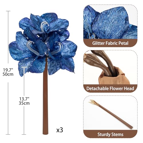 Briful Amaryllis Artificial Christmas Flower Stems, 19.7" Blue Glitter Faux Amaryllis with Detachable Heads for Xmas Home Party Wedding Bouquet Vase Arrangement Decor - color: Blue