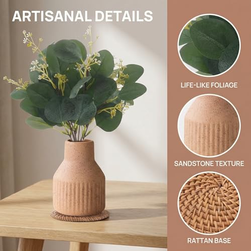 Artificial Eucalyptus Greenery Stems in Ceramic Vase 10Pcs Fake Plants Eucalyptus Leaves for Centerpiece Table Decorations Home Room Decor Office Desk Decor Greenery Decor Indoor (Beige) - color: Beige