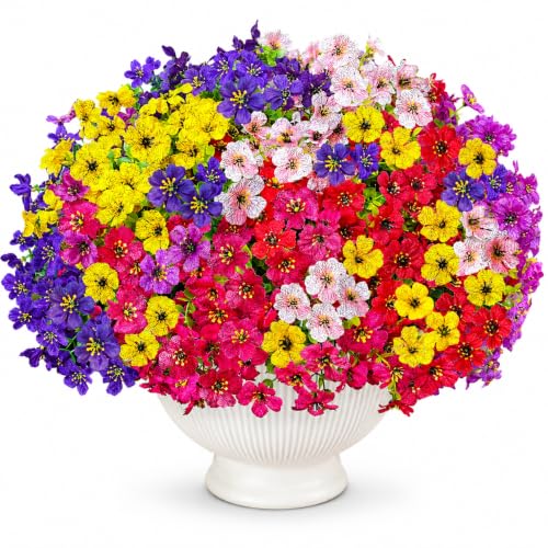 Artificial Flowers for Outdoors UV Resistant, 12 Bundles Realistic Faux Daisy with Eucalyptus Leaves Fake Plants for Porch Patio Planter Garden Decoration (6-Color Mix) - color: 6 Color