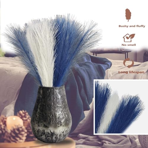 Blue and White Pampas Grass Decor, 30 Pcs 17" Navy Blue & White Flowers Short Fluffy Artificial Faux Pampas Grass Stems, Fake Bulrush Floor Vase Filler Flower Arrangement for Boho Home Decor - color: Blue and White