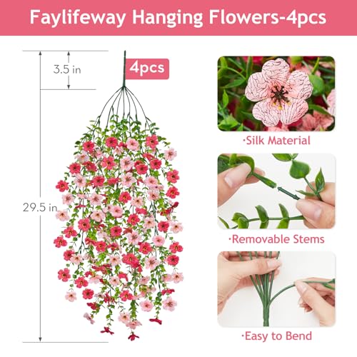 Artificial Hanging Flowers for Outdoors Spring Summer Decoration, 4PCS UV Resistant Silk Fake Hanging Plants for Patio Porch Front Yard Window Garden Indoor Decor(Hot Pink&Light Pink,4PCS) - color: Red&pink, size: 4PCS