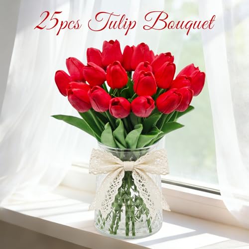 25Pcs Tulips Artificial Flowers, Faux Tulips Artificial Tulips Real Touch Tulip Fake Flowers Bouquets for Spring Wedding Home Kitchen Office Party Decor (Red) - color: Red