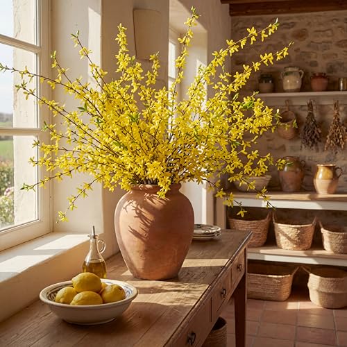 XunYee 12 PCS Fake Forsythia Long Stems 39.5" Artificial Forsythia Branches Yellow Forsythia Branches Artificial Orchids Flower Branches Faux Forsythia Stems for Home Wedding Indoor Outdoor Decoration - size: 39.39inch