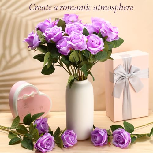 Hotop 20 Pcs Artificial Rose Flowers with Long Stem,Real Lifelike Silk Realistic Plastic Bouquet Roses Bulk for Home Decor Bridal Wedding Party Table Centerpieces Decorations(Purple) - color: Purple