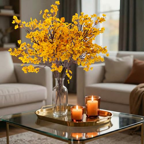 Hananona 10 Pcs Artificial Babys Breath Flowers Orange Fake Silk Gypsophila Flowers for Fall Floral Arrangement Autumn Table Centerpieces Home Decor (10, Orange) - color: Orange