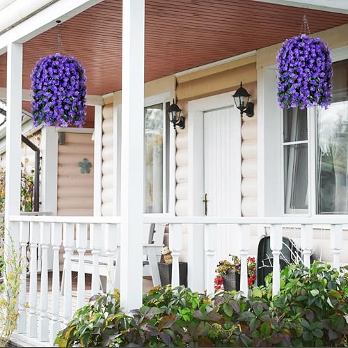 HyeFlora Artificial Faux Hanging Flowers for Outdoor Outside Spring Decoration, 2PCS Fake Silk Purple Daisy Plants UV Resistant Look Real Orchid Mums Vine for Front Door Porch Planter Balcony - color: Purple 2