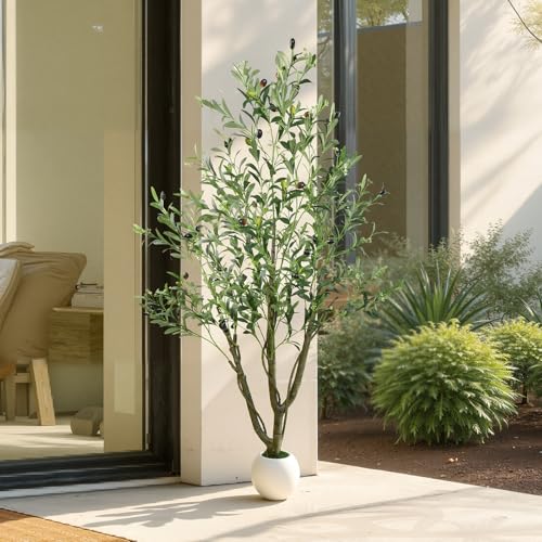 Caxchiling Artificial Olive Tree 5FT, Fake Tree for Indoor Outdoor, Lifelike Faux Large Floor Plants with Heavy Trunk with Vines and Ball-Shaped Pot, Home Office Living Room Bedroom Front Door Decor - color: Olive, size: 5ft