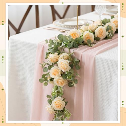 Riceshoot 6 Pcs 26 ft Artificial Eucalyptus Vines Garland with Flowers Faux Floral Greenery Garlands Rose Wreath for Wedding Party Arch Table Decor Backdrop Decorations (Champagne) - color: Champagne