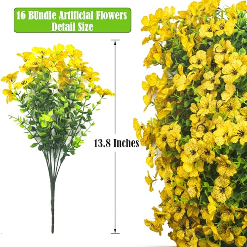 Grunyia Artificial Fake Flowers for Outdoor Spring Decoration, 16 Bundles Faux Silk Colorful Daisy UV Resistant Realistic for Outside Porch Patio Home Yard Garden Planters Pots Window Box (Yellow) - color: Yellow