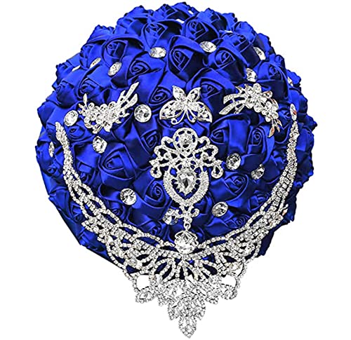 Handmade Luxury Wedding Bridal Bouquet Large Silk Rose Holding Toss Artificial Flowers Bouquets with Satin Ribbon Pearls Rhinestone for Bride Vintage Royal Wedding Bouquet (Sapphire Blue) - color: Sapphire Blue