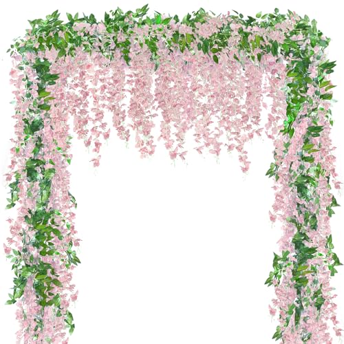 Sggvecsy 6Pcs Wisteria Garland Artificial Flowers Garland Fake Hanging Wisteria Vines Rattan Silk Hanging Flower Vines for Home Garden Outdoor Wedding Arch Party Ceremony Total 35.4Ft (Pink) - color: Pink