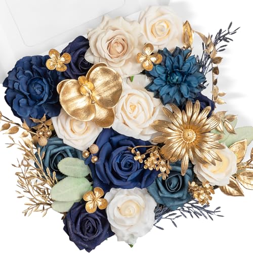 TINGE TIME Roses Artificial Flowers Blue Faux Flowers Bulk for DIY Bridal Wedding Bouquets Baby Shower Centerpiece Table Home Decorations(Navy Blue) - color: Navy Blue