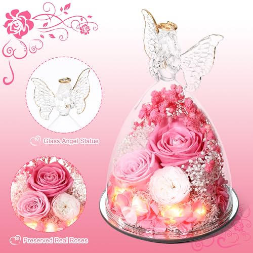 Mothers Day Rose Gifts for Women Preserved Real Flower in Glass Angel Figurines Roses for Delivery Prime Birthday Gifts for Mom Grandma Girlfriend Wife Her,Pink Austin Roses - color: Pink With Austin Roses