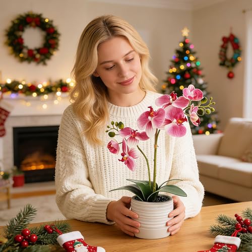 Orchid Artificial Flowers 15" Purple Fake Orchid Flowers in White Ceramic Pot for Home Decor Office Bathroom Table Centerpiece Indoor (Purple) - color: Purple-white