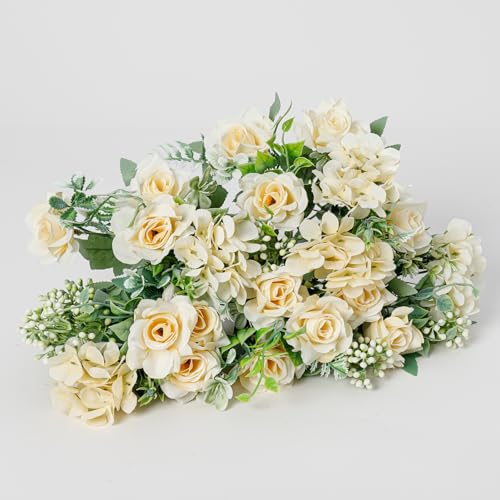 Artificial Flower 4 Packs 5 Branches Silk Fake Flowers Bouquet Small Roses for Wedding Home Office Tables Decor (Champagne) - color: Champagne-1