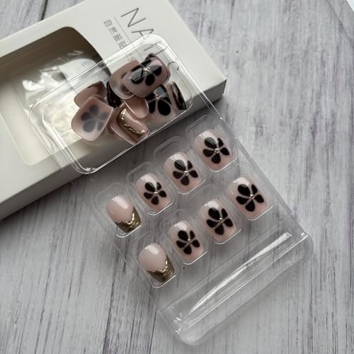 Fall Press on Nails Brown Flower Fake Nails French Tip False Nails with Gold French Designs Autumn Square Glue on Nails Thanksgiving Stick on Nail Cute Acrylic Nail Full Cover Glossy Artificial