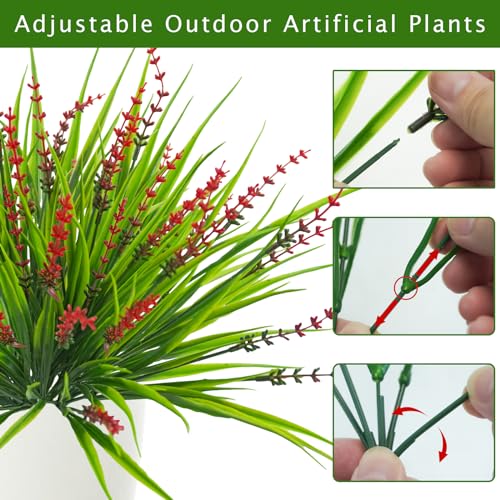 10 Pcs Artificial Plants Outdoor, UV Resistant Fake Outdoor Flowers Plants Faux Plastic Monkey Grass for Outside Front Porch Garden Window Box Home Office Planters Desk Decor (Red) - color: Red, size: 10pcs