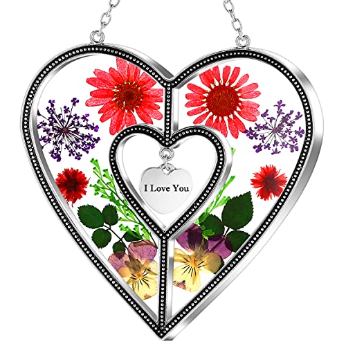 KY&BOSAM Heart Suncatcher Real Pressed Dried Flower Ornament Zinc Alloy Hanging Sun Catchers with I Love You Charm Tag Handmade Preserved Flower Window Wall Decor Sentimental for Mom - color: I Love You, size: I Love You