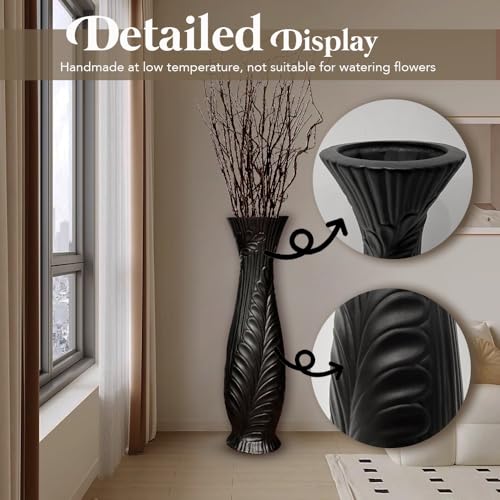 Tall Black Floor Vase 30 inches, Handmade Large Ceramic Vases for Home Decor Living Room, Feather Pattern Decorative Vases Wide Mouth Opening Corner Vase for Pampas Grass - color: Black Feather Pattern