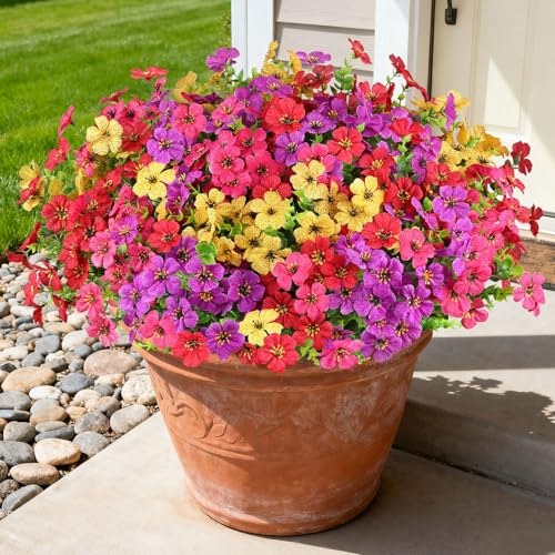 16 Bundles Artificial Flowers for Outdoors, Realistic Fake Silk Flowers for Outside, UV Resistant Faux Plants for Outdoor Planters - Spring Summer Porch Decor (4 Colors) - color: Mix 4 Colors, size: 16PCS