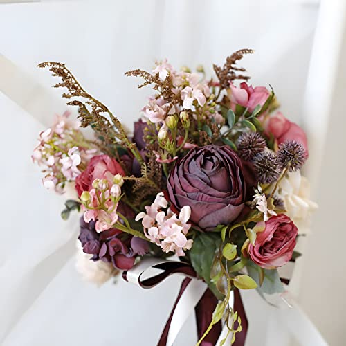Artificial Wedding Bouquet for Brides Bridesmaid Holding Flower with Greenery Artificial Fabric Rose Wedding Flower Bridal Toss (Vintage Rose) - color: Vintage Rose
