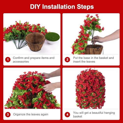 Ammyoo Artificial Faux Hanging Flowers Basket for Spring Summer Outdoor Outside Porch Decoration, Fake Silk Colorful Morning Glory Eucalyptus UV Resistant Look Real for Home Patio Balcony Yard(Red) - color: Red