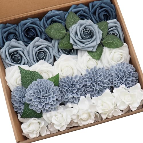 Artificial Flowers Combo Delicate Elegant Dusty Blue Mixed Flowers with Stem for DIY Wedding Bouquets Centerpieces Baby Shower Party Home Decorations - color: Elegant Dusty Blue