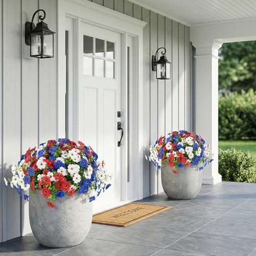 Hananona 2 Set Artificial Outdoor Flowers with Hanging Basket, 2 Hanging Planters with 24 Pcs Patriotic Flowers for Summer Front Porch Patio 4th of July Decor (Red, White, Blue) - color: Red, White, Blue