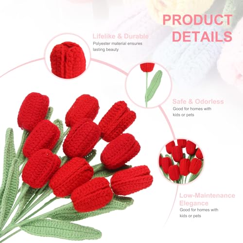 MECCANIXITY Tulip Crochet Flowers, Artificial Knitted Tulip Flower Completed Handmade Tulips Bouquet for Gift Home Birthday Wedding Decoration, Red Pack of 10 - color: Red