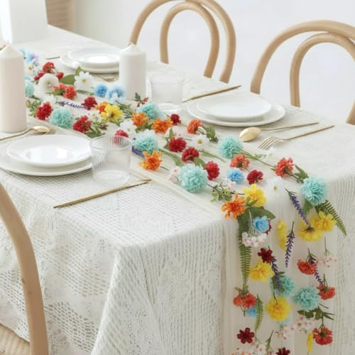6 Pcs 35.4 Inch Artificial Pastel Flower Garlands with 3 Pcs 10 Ft Wedding Tulle Table Runner Wildflower Vines Floral Table Runner Garlands for Wedding Bridal Shower Spring Tea Party - style: Vibrant Wildflower