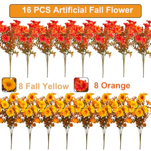 Grunyia 16 PCS Outdoor Fall Artificial Flower - Autumn Thanksgiving Halloween Porch Decor, Faux UV-Resistant Plants for Front Door, Wall, Fence, Fireplace Mantel Decorations - color: Fall Mix