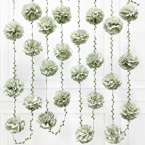 Sage Green Tissue Paper Flowers Pom Pom with Leaf Ribbon Dusty Green Hanging Garland Streamer for Birthday Baby Shower Wedding Engagement Woodland Safari Jungle Neutral Party Decorations Supplies - color: Dusty Green