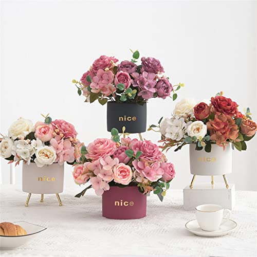 Artificial Flowers Fake Peony Silk Flowers Hydrangea Bouquet Decor Faux Camellia Flower for Home Living Room Table Centerpieces Decoration - color: Russet