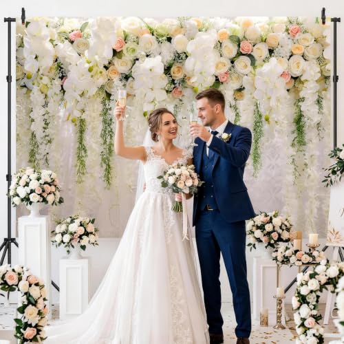 Mocsicka Wedding Flower Backdrop Wall Floral Bridal Shower Backdrops for Photoshoot Wedding Decoration for Reception White Rose Floral Photography Background Banner(7x5ft) - size: 7x5ft
