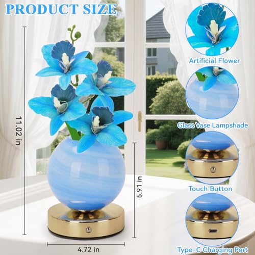 Flower Table Lamp, 3 Colors Orchid Night Light, Cordless Touch Dimming Artificial Flower with Vase Lamp, LED Desktop Decorative Landscape Lights for Festival Party Home Decor (Blue Orchid) - color: Blue Orchid