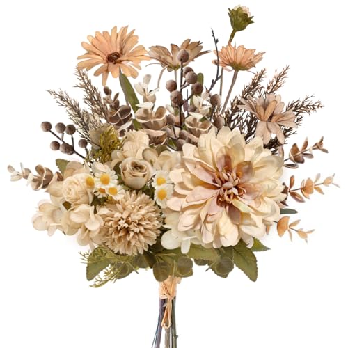 16-inch Artificial Fake Flowers Silk Table Arrangements Faux Plastic Floral Centerpieces for Home with Roses, Dandelions, Daisies, Hydrangea, Eucalyptus, Chrysanthemums and Hollyberries - color: Cappuccino