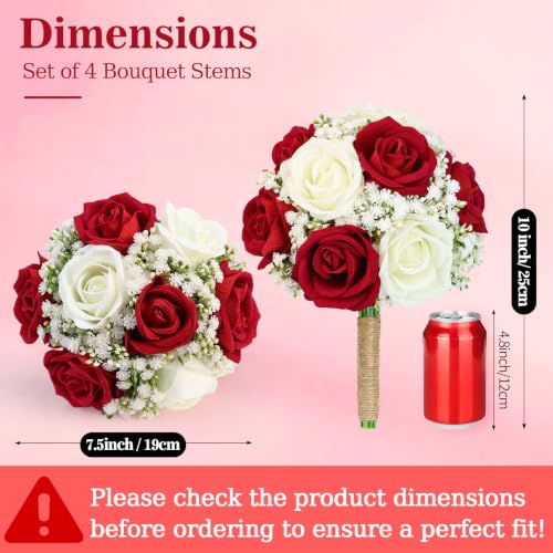 Burgundy Bridesmaids Bouquets Set of 4 - 7 Inch Artificial Flower Bouquet for Bridesmaid Pre-made Gypsophila Silk Rose Small Floral Bouquet for Wedding Bridal Shower Ceremony Anniversary Deocr - color: Burgundy Gypsophila Sage, size: Set of 4 Bridesmaid B