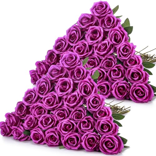 Hotop 40 Pcs Rose Artificial Flowers Bulk with Long Stem,Realistic Silk Fake Roses Bouquet for Home Wedding Centerpieces Party Table Decoration Valentines Gifts(Purple) - color: Purple