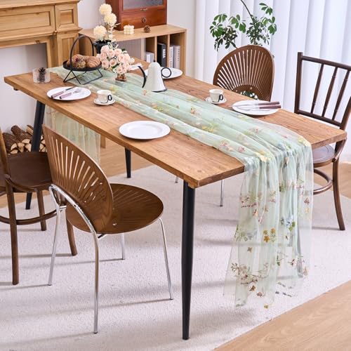 vctops 2 Packs Embroidery Lace Fall Table Runner 10ft Floral Garden Seasonal Tulle Table Runner Holiday Kitchen Dining Table Decoration for Wedding Party Baby Shower Birthday (Sage Green,30"x120") - color: Sage Green