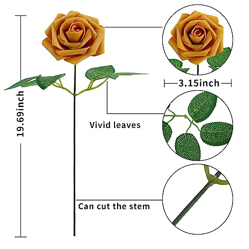 [25PCS] Gold Roses Artificial Flowers with Long Stem Real Touch Fake Foam Roses for Decoration DIY Wedding Bouquets Centerpieces Bridal Shower Mothers Day Party Flower Arrangements Home Decor - color: Rose