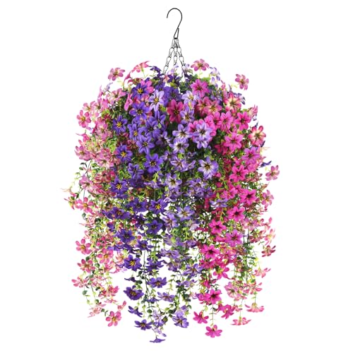 INQCMY Artificial Fake Hanging Plants Flowers Basket for Spring Outdoor Outside Decoration,UV Resistant Faux Silk Flower in Planter for Home Patio Porch Balcony Garden Yard Decor(Mixed Color) - color: Mixed Color3(2 Deep Purple,2 Light Purple,2 Deep Pink,