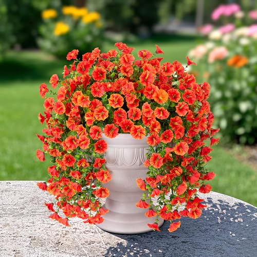HyeFlora Artificial Faux Hanging Flowers Plants for Outdoor Decor,2 PCS Fake Silk Morning Glory with Eucalyptus UV Resistant Realistic Mums for Wall Home Porch Patio Balcony Yard Indoor Decor, Orange - color: Orange With Green Leaves