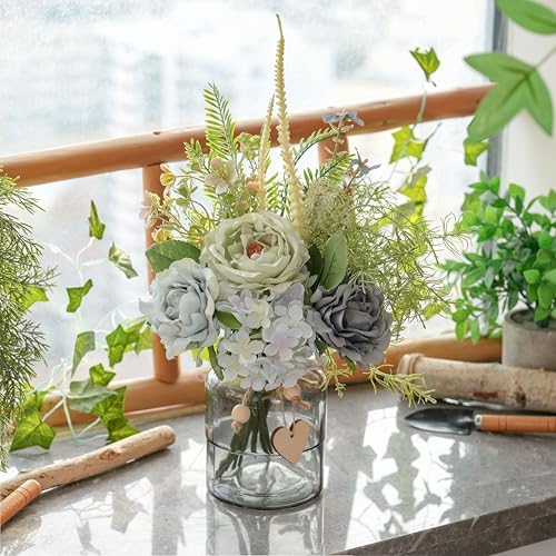 LUEUR Fake Flowers with Vase, Artificial Blue Dahlia & Rose Arrangement, Spring Floral Centerpiece for Dining Table, Coffee Table & Farmhouse Home Decor Spring Decorations - color: Blue & Green
