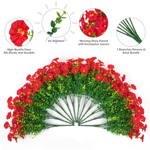Ouddy Decor 24 Bundles Artificial Flowers for Outdoors Decoration Fake Silk Morning Glory Flowers Faux Eucalyptus Plants UV Resistant for Porch Patio Garden Spring Summer Home Decor, Red - color: Red