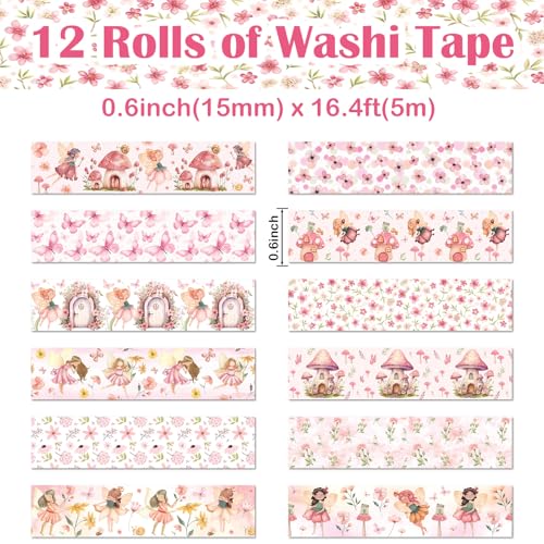 12 Rolls Fairy Washi Tape Set, Fairy Mushroom Butterfly Floral Decorative Tape, Pink Watercolor Masking Tapes for Scrapbooking Journaling Party Supplies, DIY Art Crafts, Gift Wrapping 16.4FT - color: P