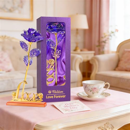 Childom Mothers Day Rose Gifts for Mom,Birthday Gifts for Women,Mothers Day Flowers Gifts for Mom from Daughter Son,Purple Artificial Flower Gift with Love Stand for Wife,Grandma,Daughter,Anniversary - color: Colorful Purple With Love Stand